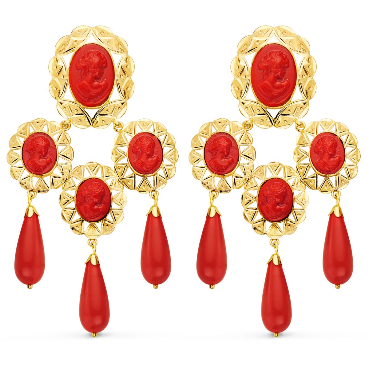 18K PENDIENTES ORO CUBANAS AMARILLO MANTILLA CAMAFEO Y CORAL 70X38 MM CATALAN