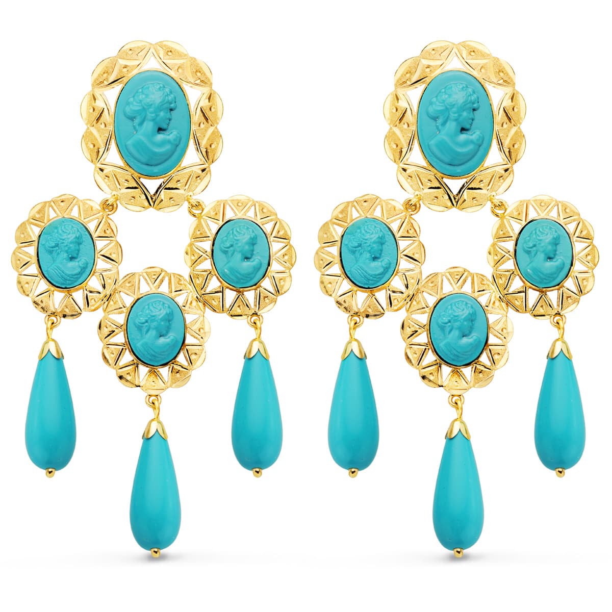 Pendientes Cubanas Mantilla Camafeo y Turquesas. 70 x 38 mm catalán de oro amarillo 18K
