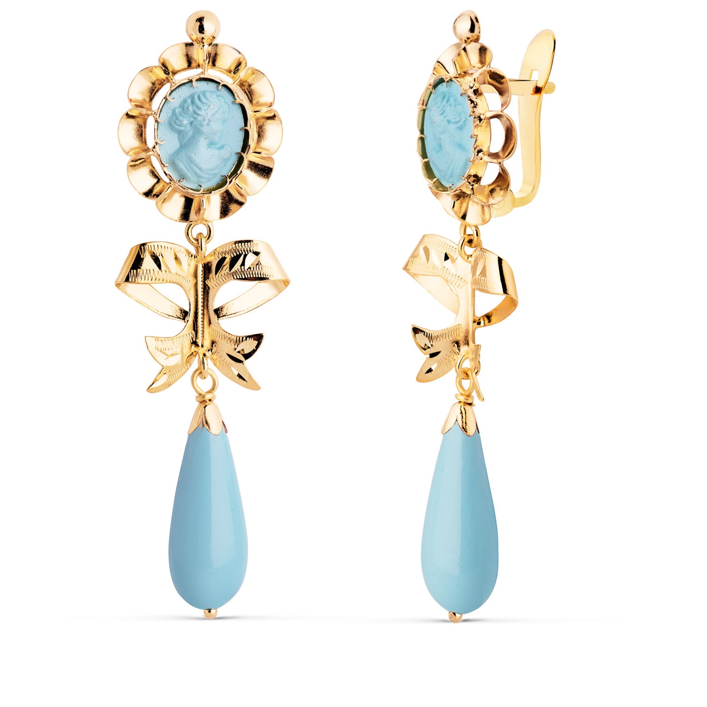 Pendientes Cubanas Turquesa Camafeo y Lagrima con Lazo. 53 x 14 mm. de oro amarillo 18K