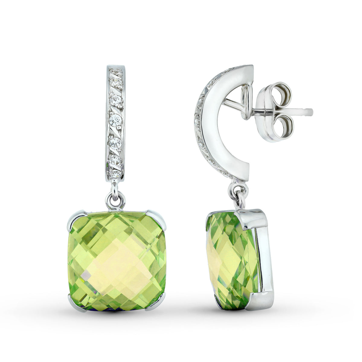 Pendientes con Piedra Olivina y Circonita 30 x 12 mm. de oro blanco 18K