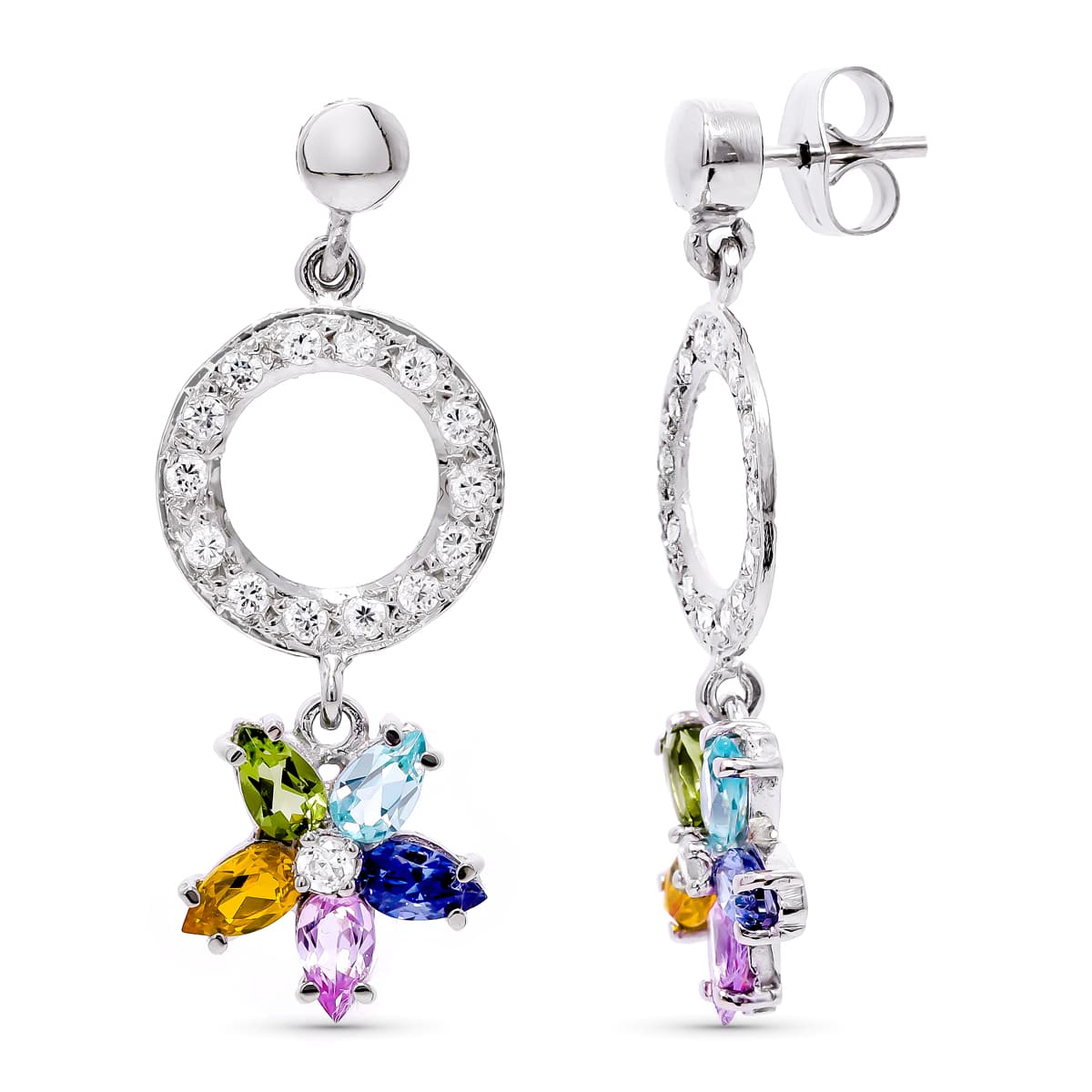 Pendientes Largos y Piedras de Colores.36 x 14 mm de oro blanco 18K