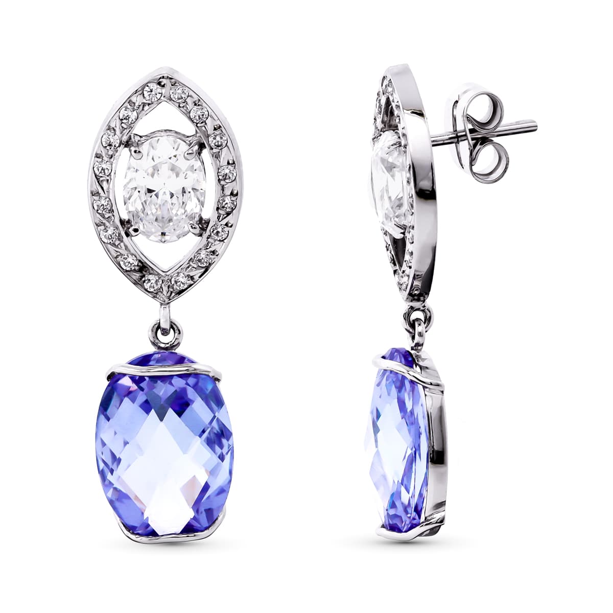 Pendientes con Circonita y Piedras de Color 35 x 11 mm de oro blanco 18K