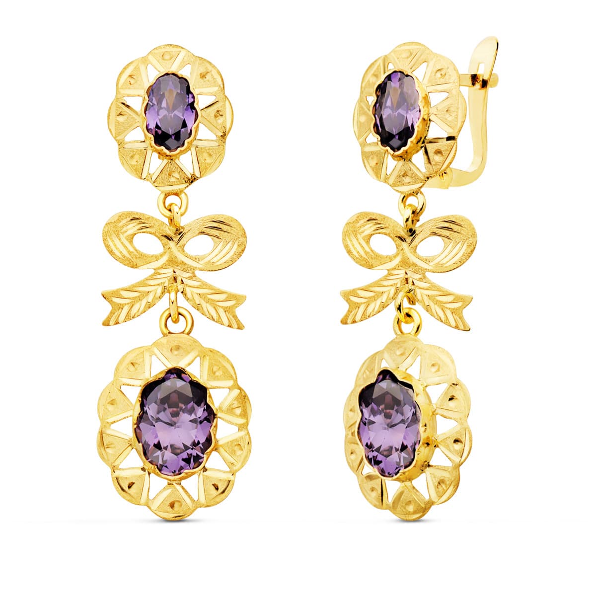 Pendientes Cubanas con Lazo Circonita Amatista 55 x 20 mm de oro amarillo 18K