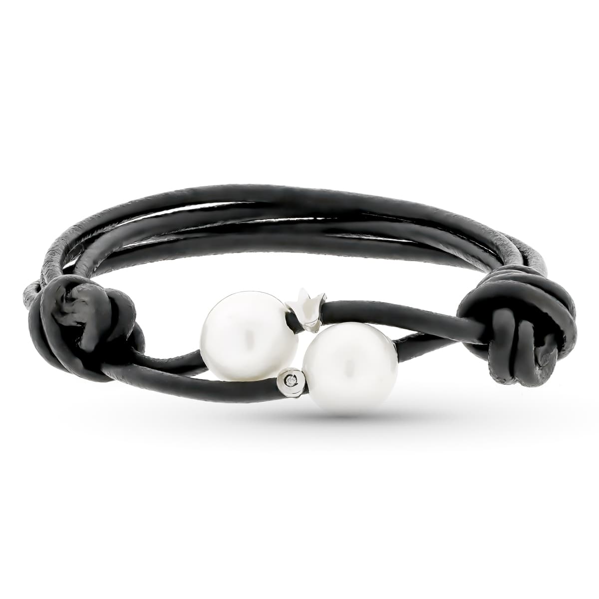 18K PULSERA CUERO PERLA Y DIAMANTE TALLA BRILLANTE