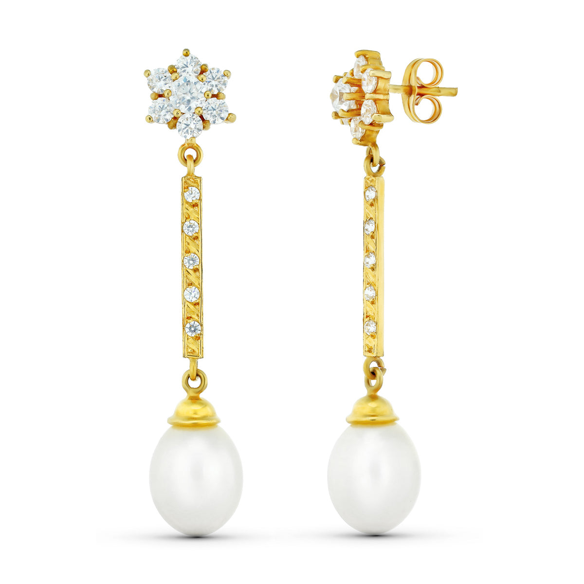 Pendientes Tres Cuerpos Cuajo y Perla. de oro amarillo 18K