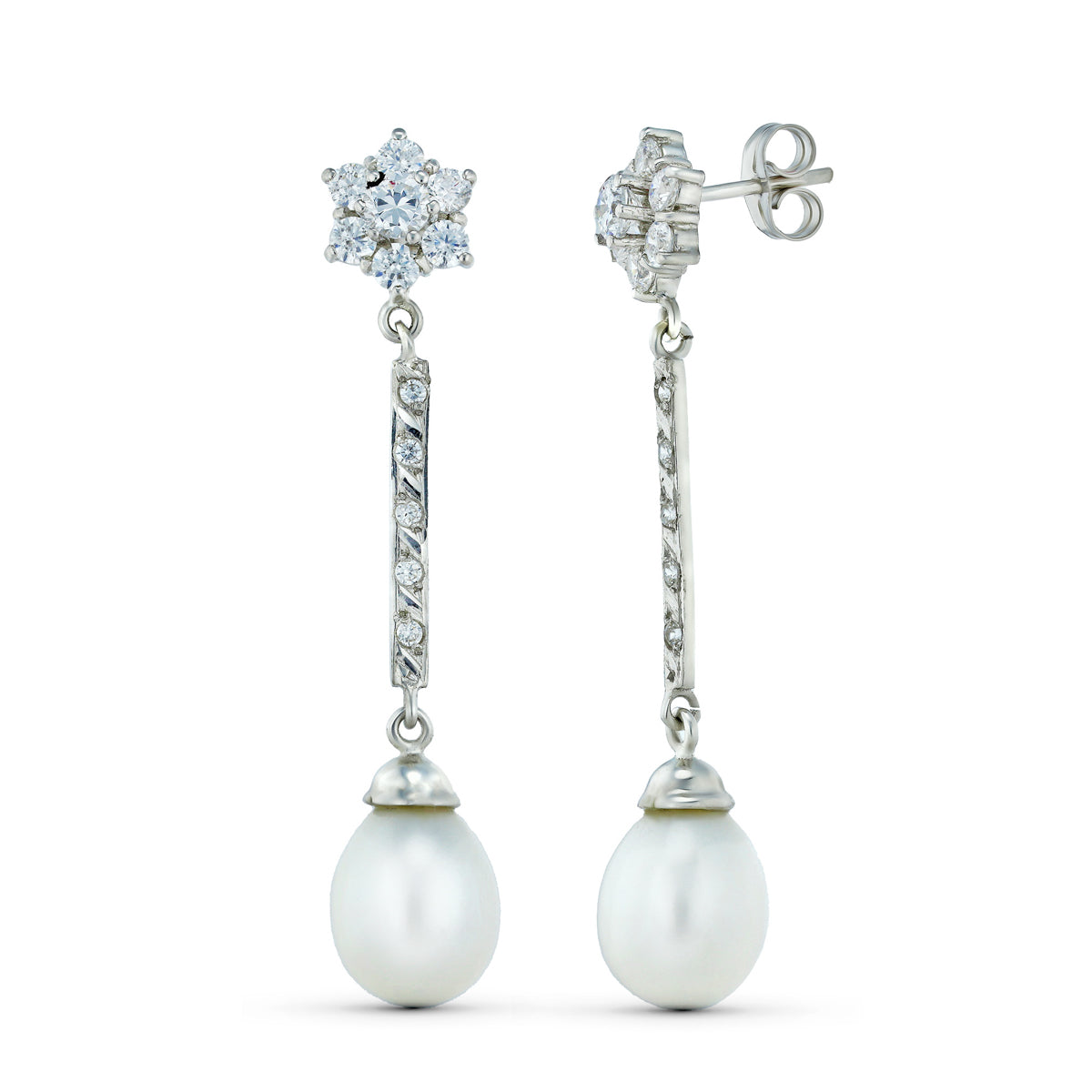 Pendientes Tres Cuerpos Cuajo y Perla. de oro blanco 18K