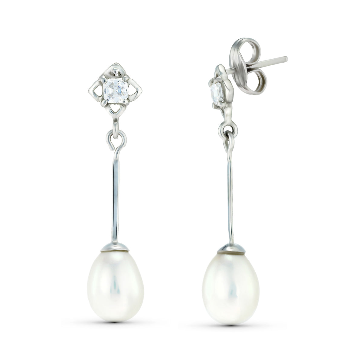 Pendientes Dos Cuerpos con Perlas y Circonita. de oro blanco 18K