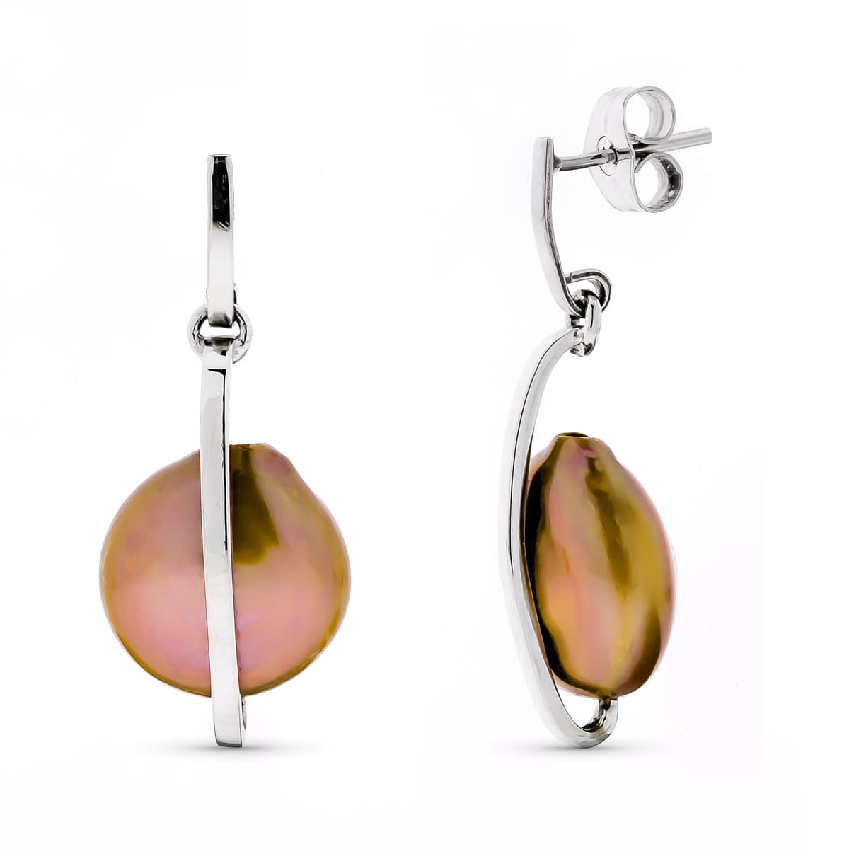 18K PENDIENTES ORO BLANCO LARGOS Y PERLA CHOCOLATE CIERRE PRESION