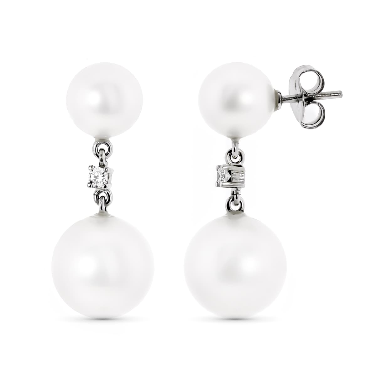 18K PENDIENTES ORO BLANCO CON PERLA REDONDAS DE 10 Y 14 MM CIERRE PRESION