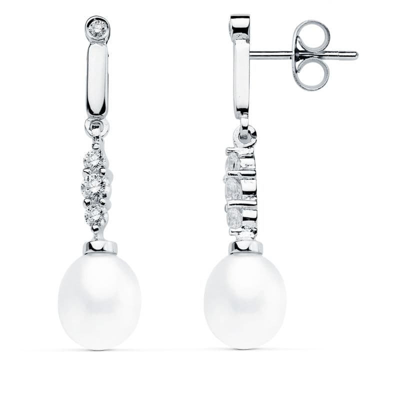 18K PENDIENTES ORO BLANCO PERLA 31X7 MM CIERRE PRESION