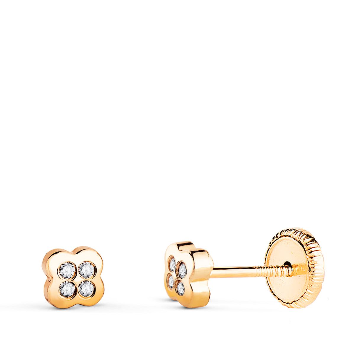 Pendientes Trebol con Circonitas. Medida: 4,5 x 4,5 mm Cierre Tuerca de oro amarillo 18K