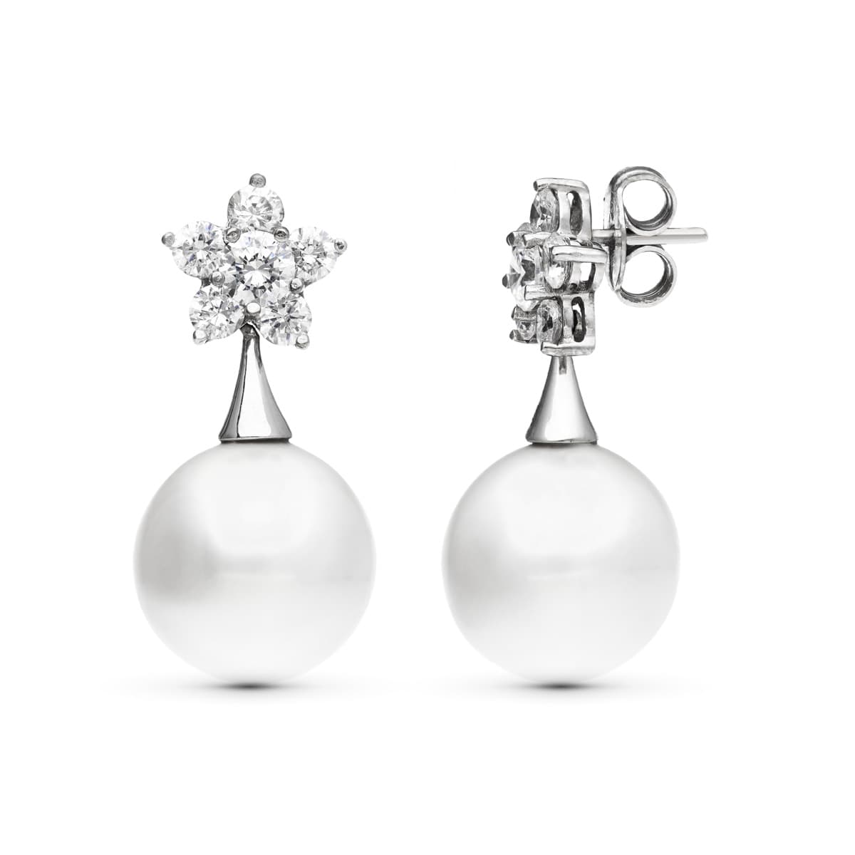 Pendientes Flor Circonita Perla 14 mm de oro blanco 18K