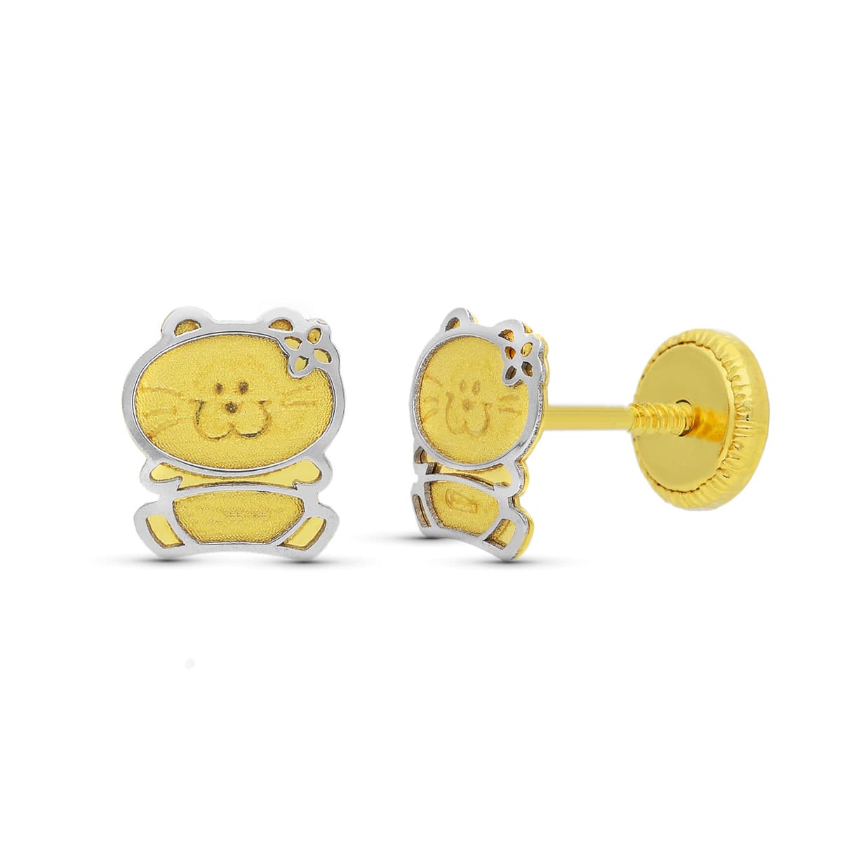 Pendientes Bicolor Gatita 6 x 5 mm Cierre Tuerca 18K
