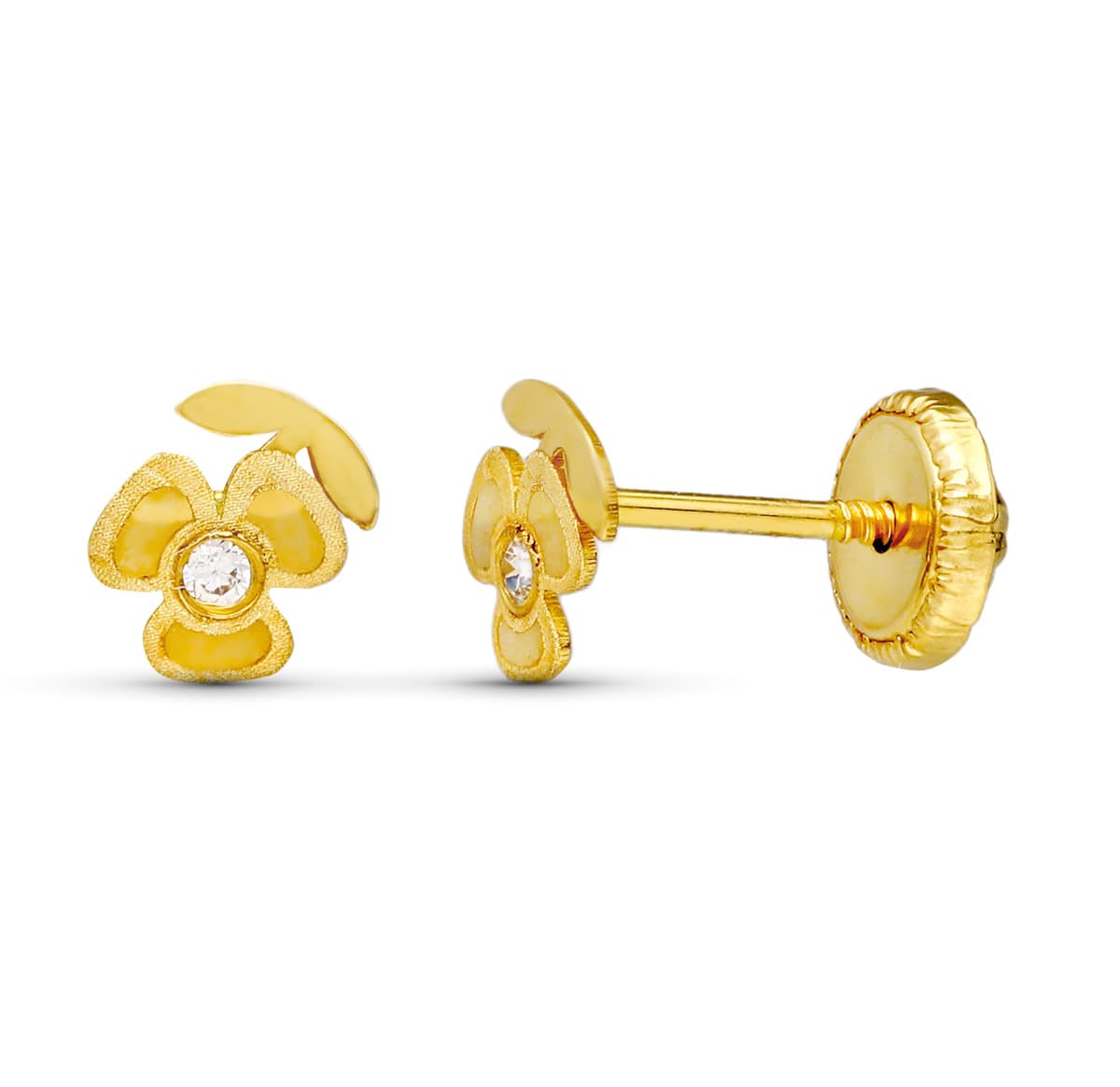 18K PENDIENTES ORO AMARILLO TREBOL LASER. 5X4 MM CIERRE TUERCA