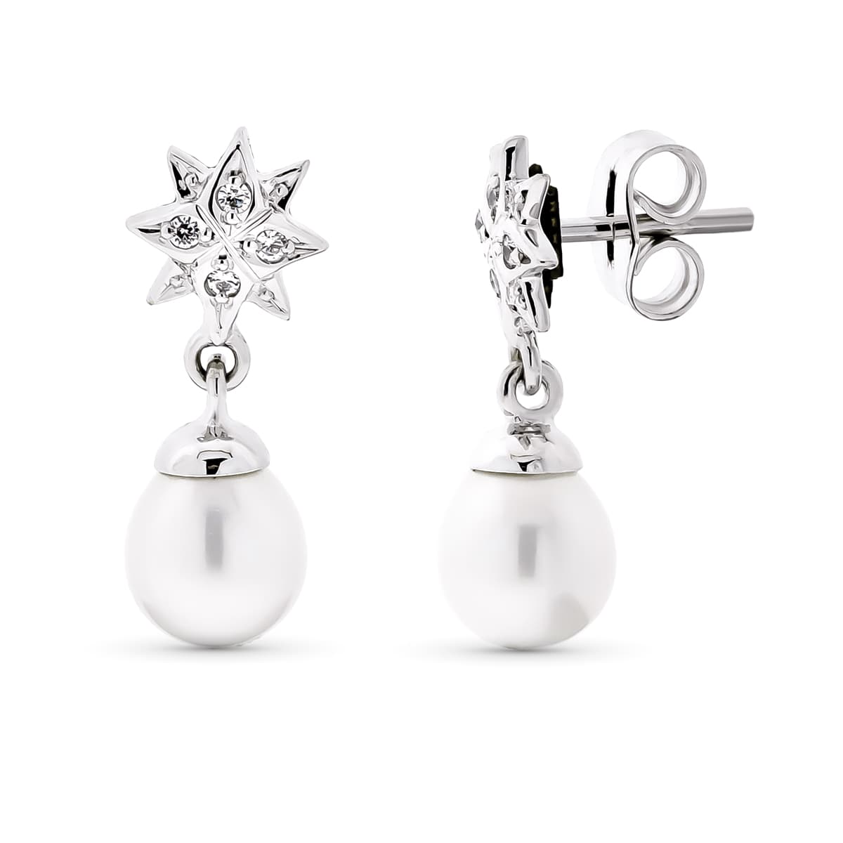 18K PENDIENTES ORO BLANCO LARGO ESTRELLA PERLA 18X7 MM CIERRE PRESION