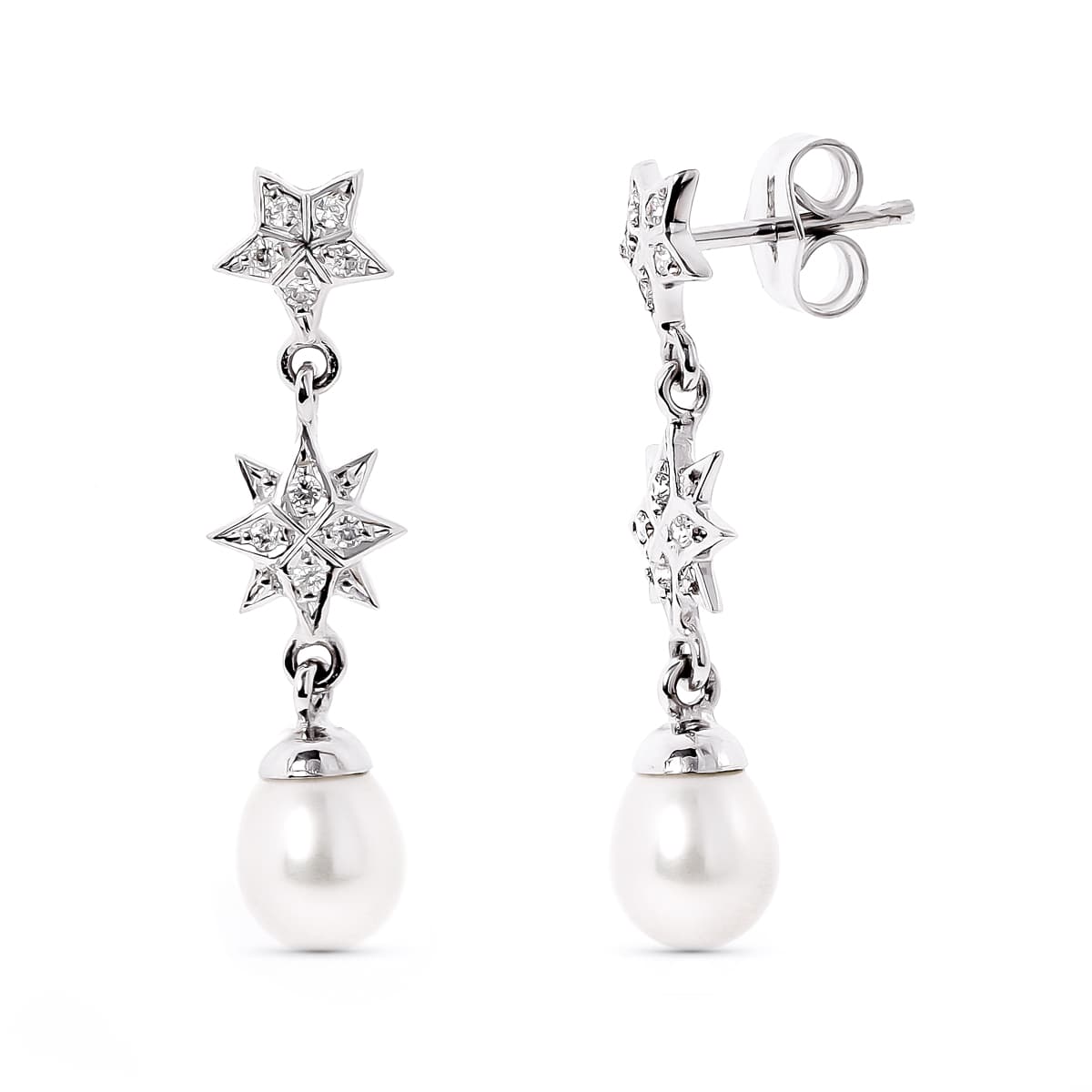 Pendientes Estrelas de Circonita y Perla de oro blanco 18K
