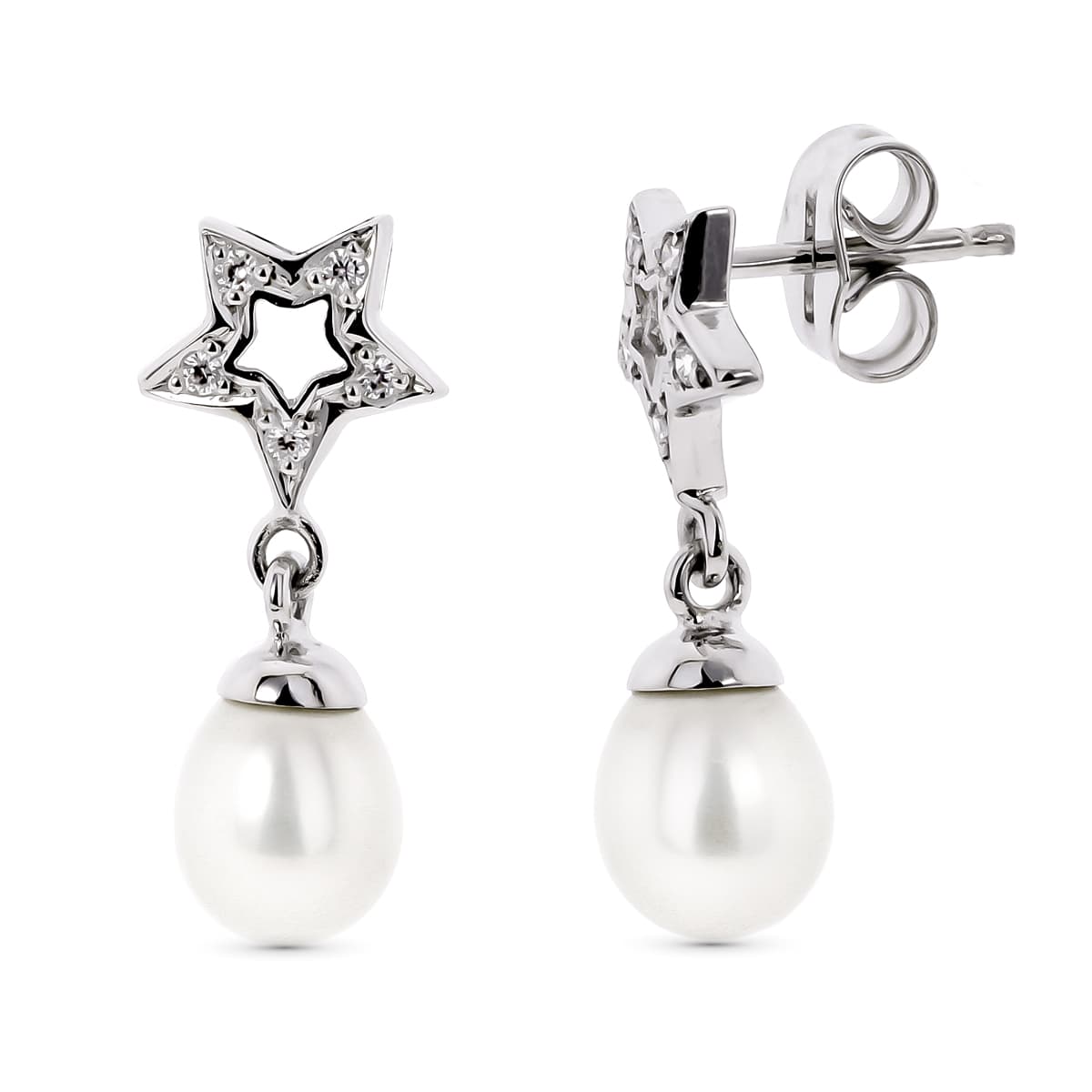 18K PENDIENTES ORO BLANCO DOS CUERPOS CON ESTRELLA Y PERLA CIERRE PRESION