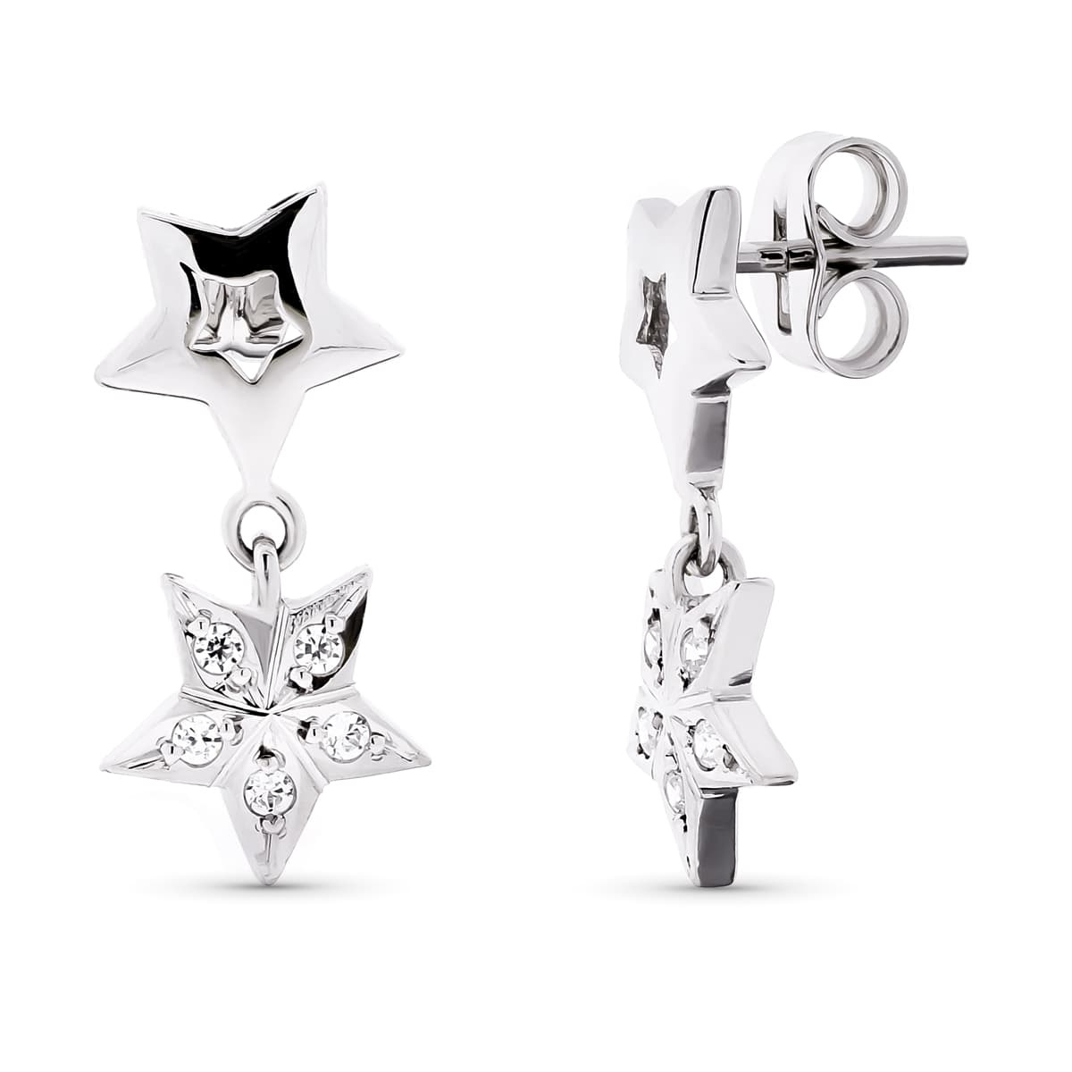 18K PENDIENTES ORO BLANCO LARGOS ESTRELLAS CIERRE PRESION