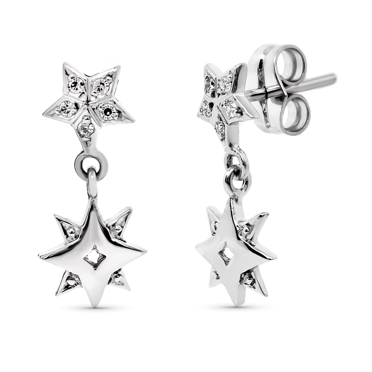 18K PENDIENTES ORO BLANCO LARGOS ESTRELLA 17X7 MM CIERRE PRESION