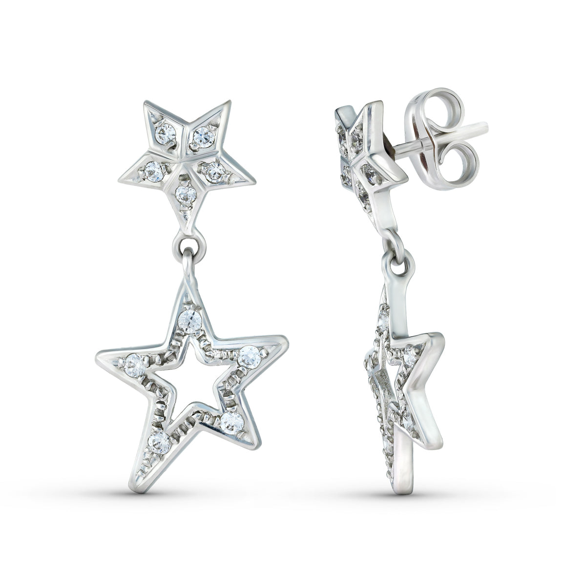 Pendientes Dos Cuerpos con Estrellas y Circontias 24 x 13 mm. de oro blanco 18K