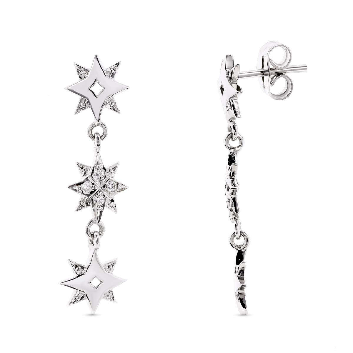 Pendientes Estrellas y Circonita 28 x 6 mm de oro blanco 18K
