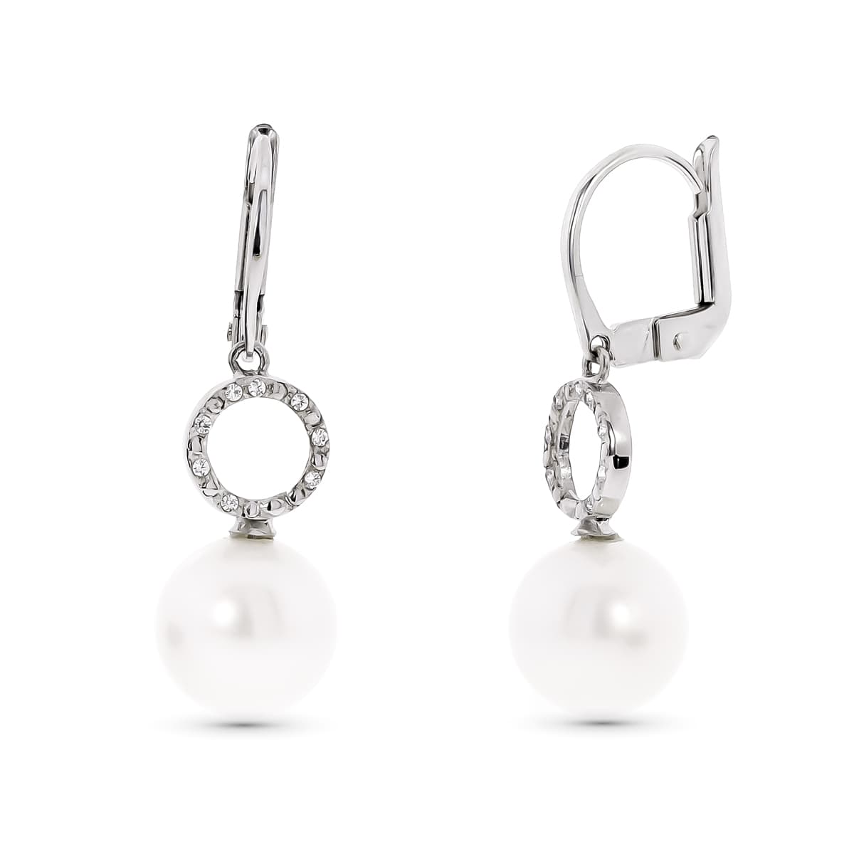 Pendientes Motivo Redondo y Perla 9 mm de oro blanco 18K