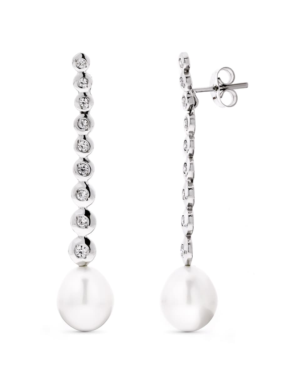 Pendientes Largos Perla Pera y Circonita de oro blanco 18K