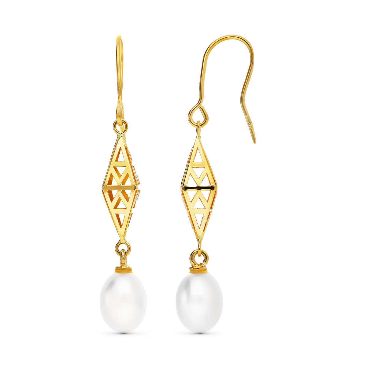 18K PENDIENTES ORO AMARILLO ROMBO 43X7 MM PERLA CULTIVADA 9X7 MM CIERRE GANCHO
