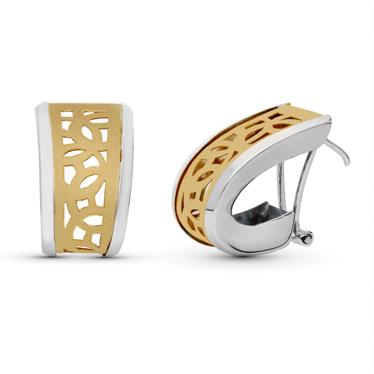 18K PENDIENTES ORO BICOLOR SEMI AROS ESTAMPADOS CALADOS 20X12 MM CIERRE OMEGA