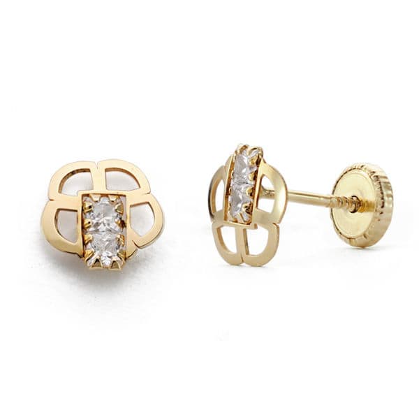 18K PENDIENTES ORO AMARILLO FLOR CIRCONITA 6.5 MM CIERRE TUERCA