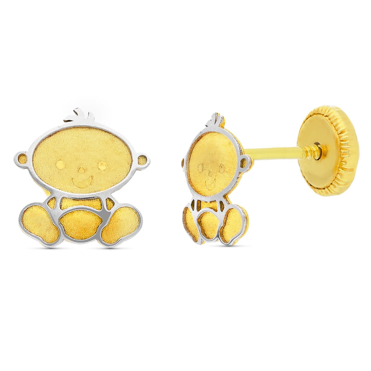 Pendientes Bicolor Niño Laser. 7 x 7 mm Cierre Tuerca 18K