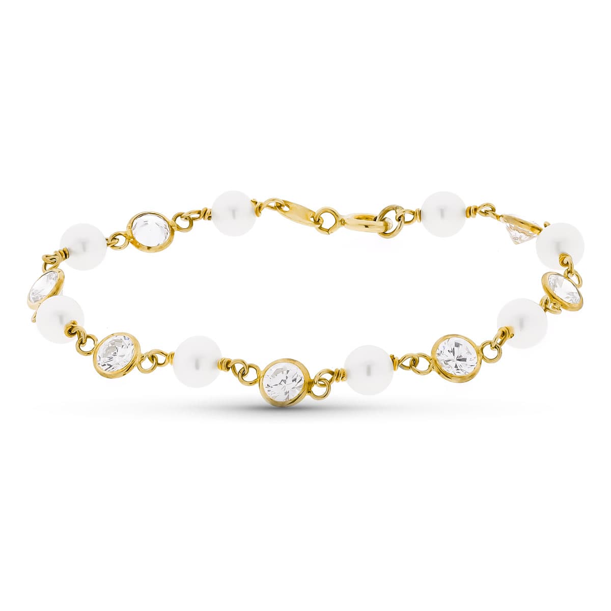 Pulsera con Perla y Circonita 16,5 cm de oro amarillo 18K