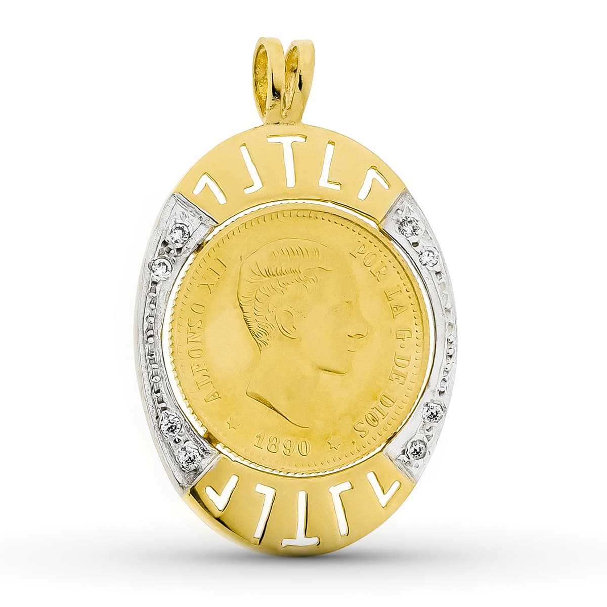 Colgante Bicolor Moneda con Circonita 37 x 24 mm 18K