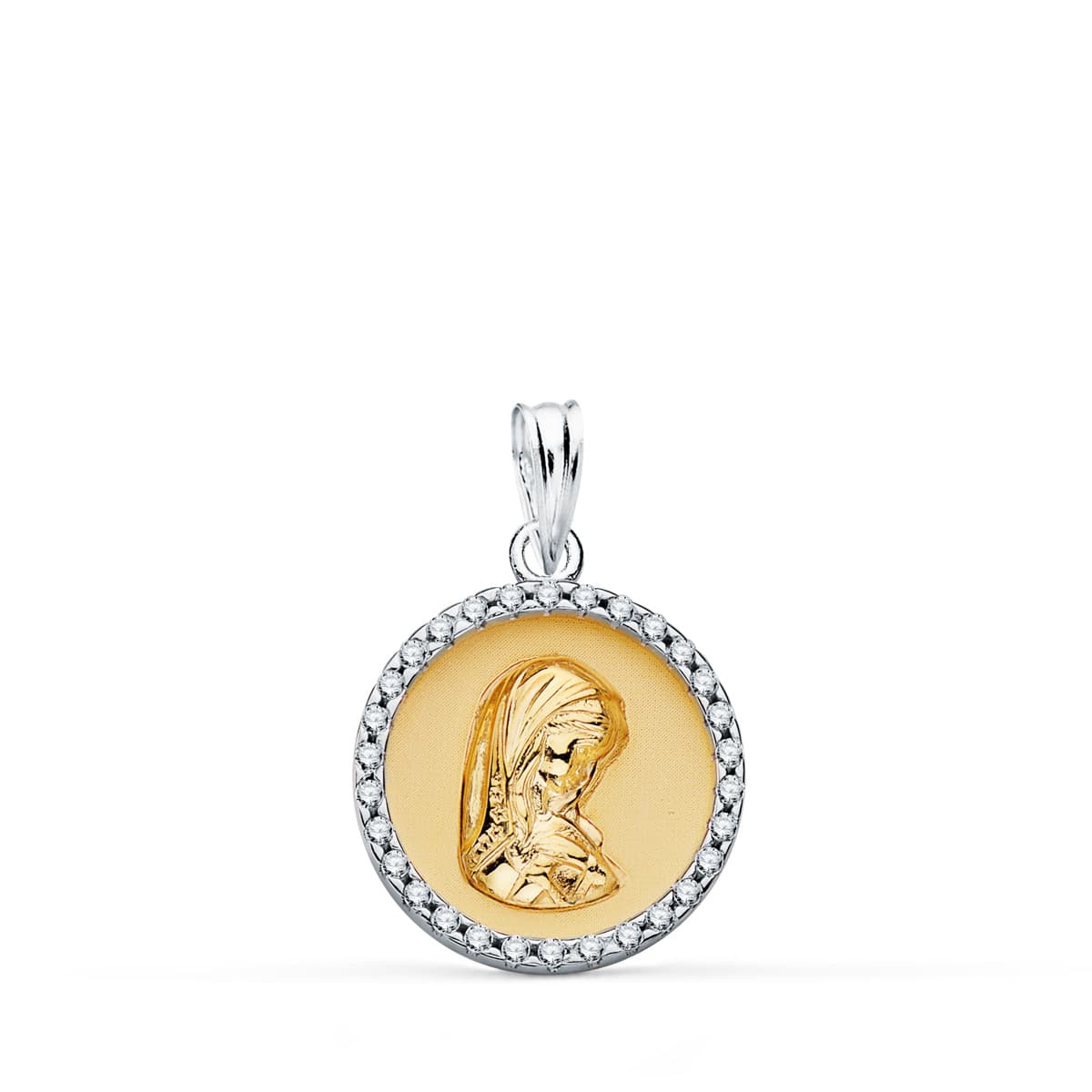 18K COLGANTE REDONDO ORO BICOLOR VIRGEN NIÑA CON CERCO Y CIRCONITA 16 MM