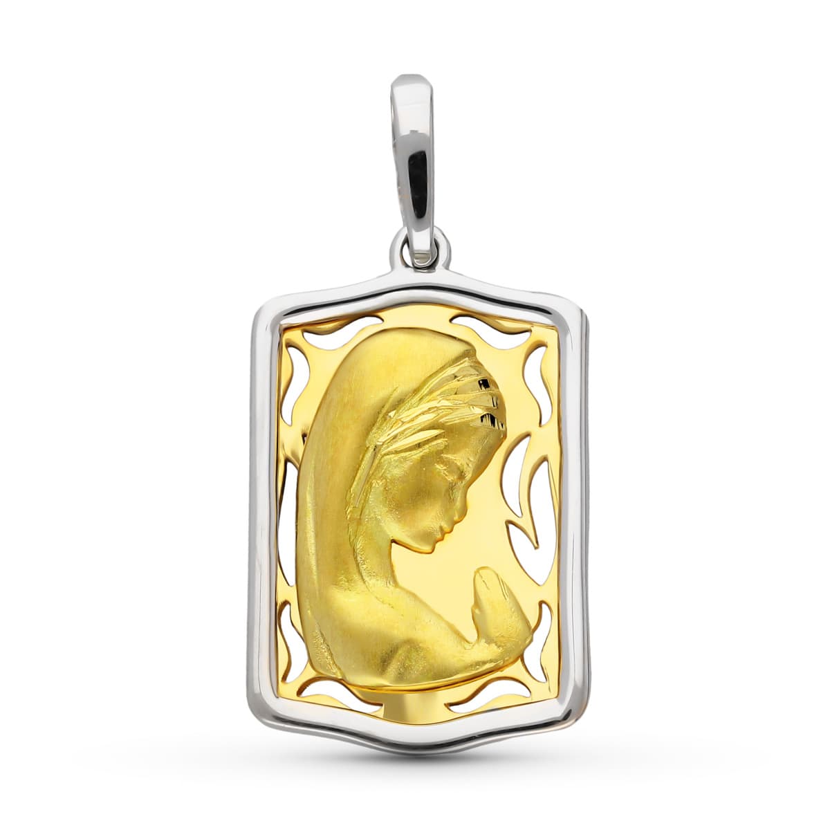 18K MEDALLA ORO AMARILLO ORO BICOLOR VIRGEN NIÑA RECTANGULAR