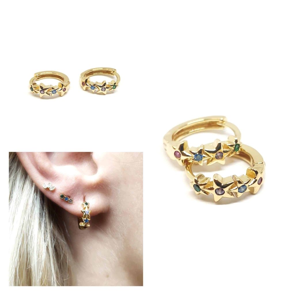 Pendientes aros estrellas colores oro de 14 quilates