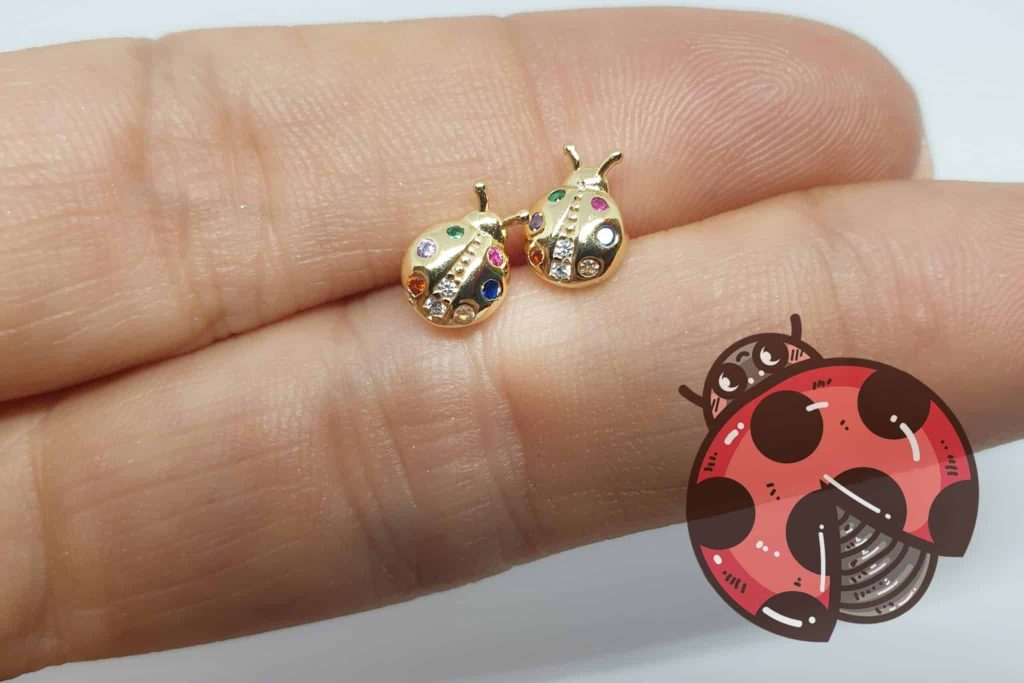 Pendientes mariquita de la suerte oro de plata de ley