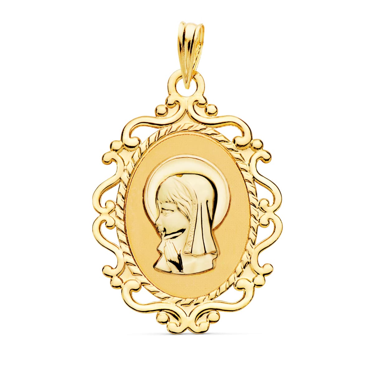 Medalla Virgen Niña Perfil Cerco Calado Brillo. 23 x 16 mm de oro amarillo 18K