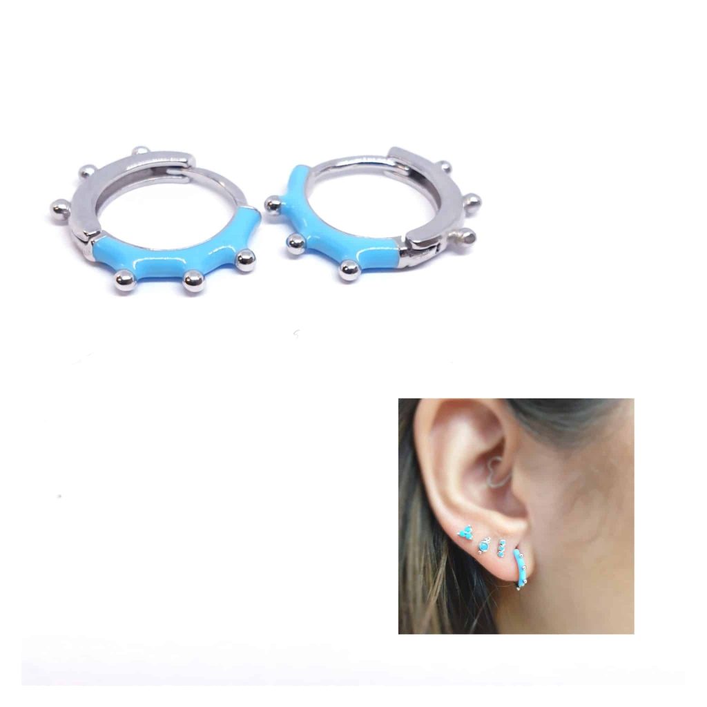 Pendientes aro bolitas azul de plata de ley