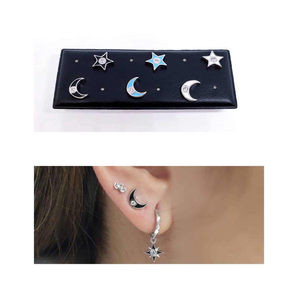 Pendientes combo estrella luna de plata de ley