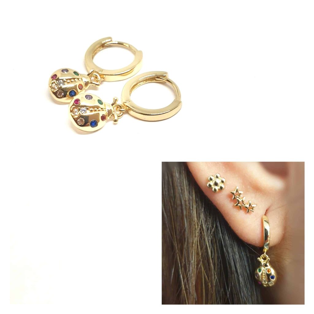 Pendientes mariquitas de la suerte oro de 14 quilates