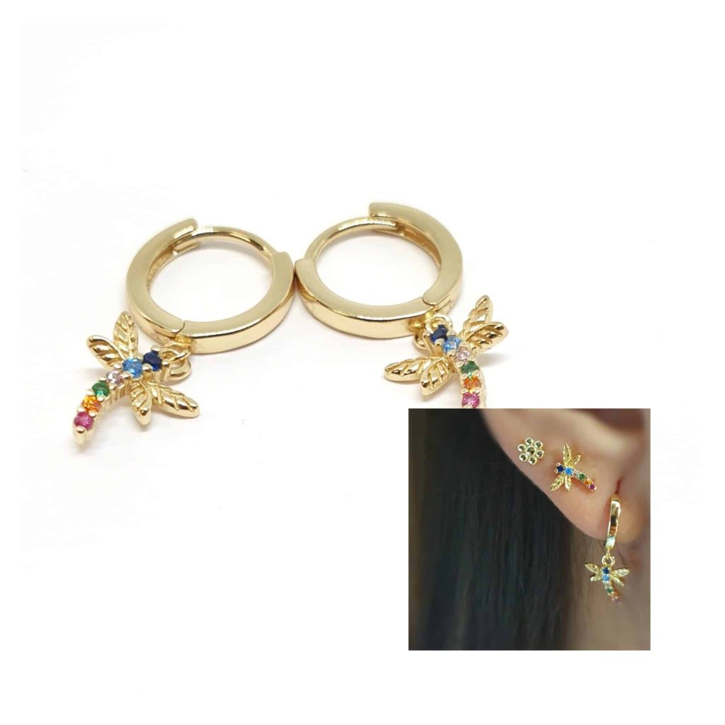 Pendientes libélulas multicolor oro de 14 quilates