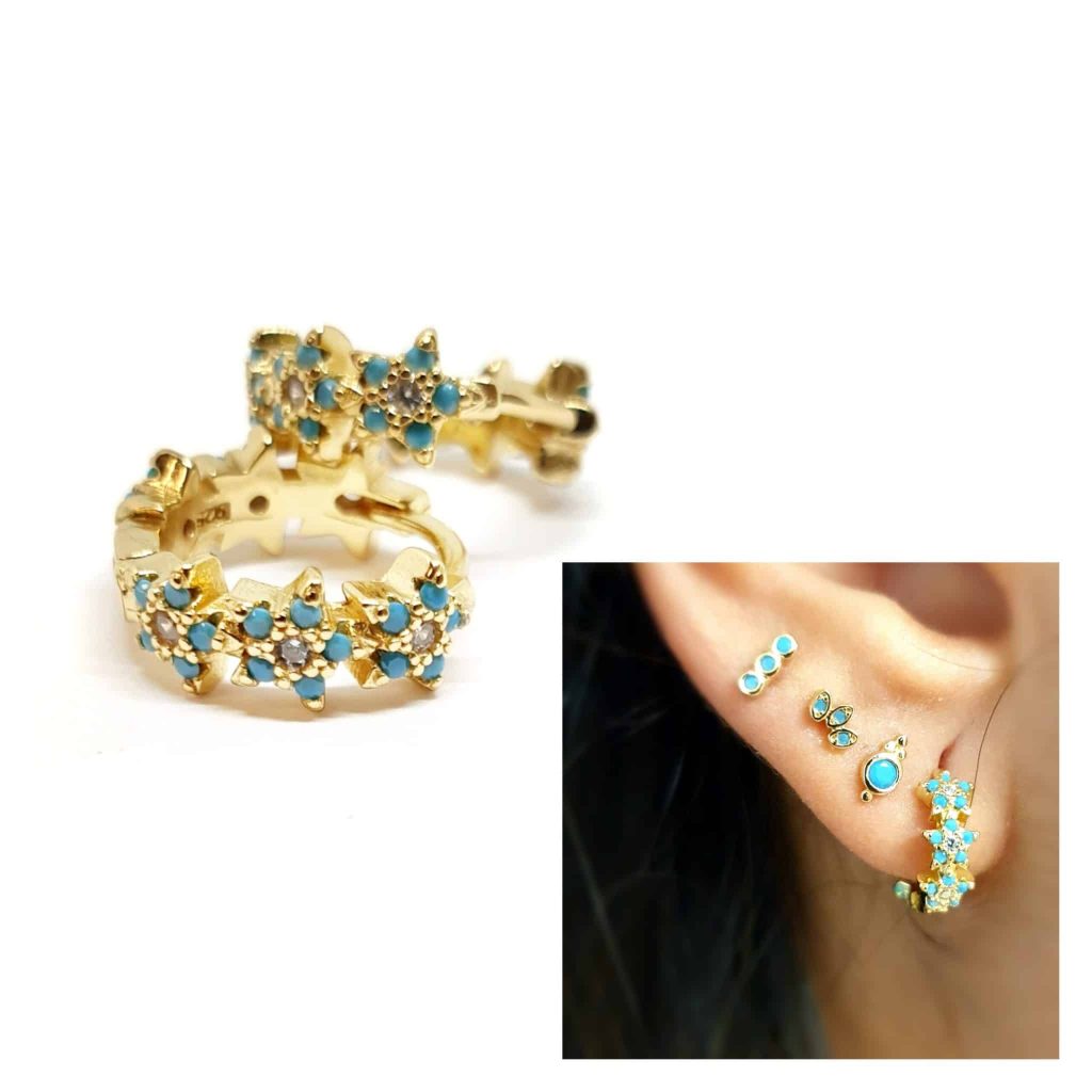 Pendientes primavera azul oro de 14 quilates