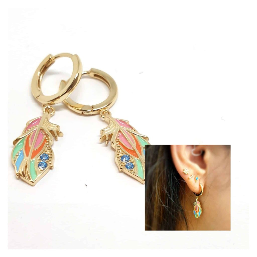 Pendientes hoja oro multicolor de 14 quilates