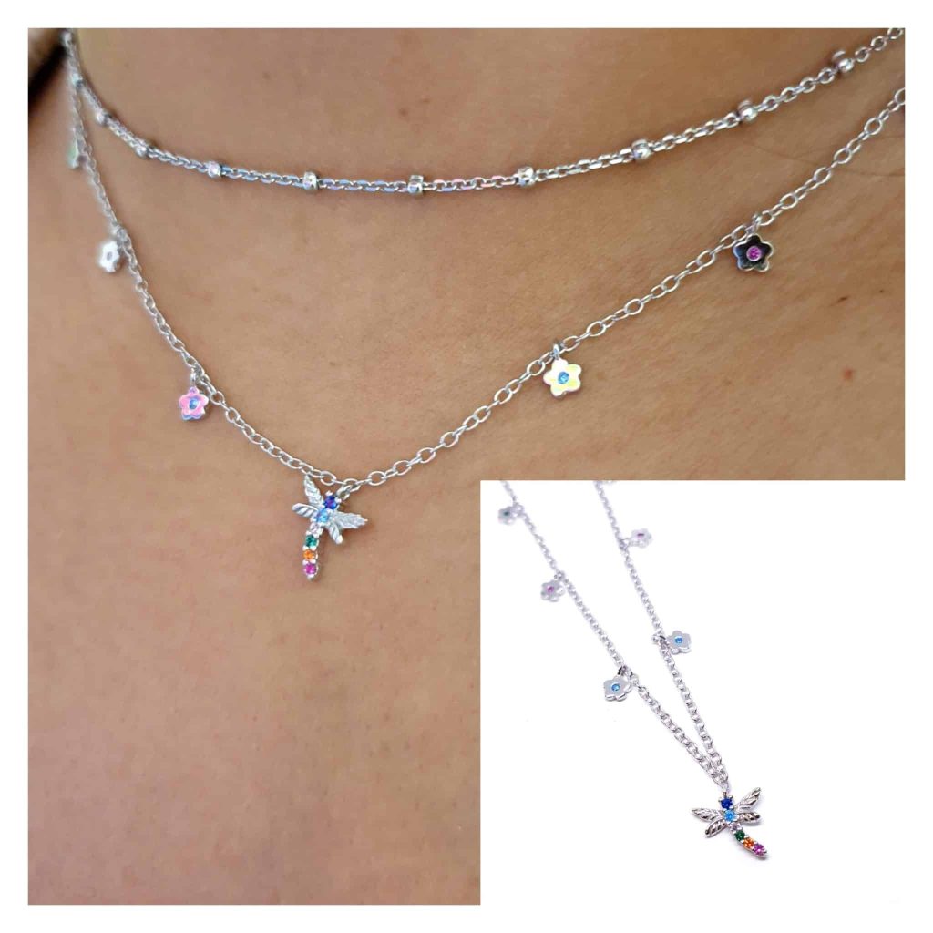 Collar libélula y florecitas de plata de ley