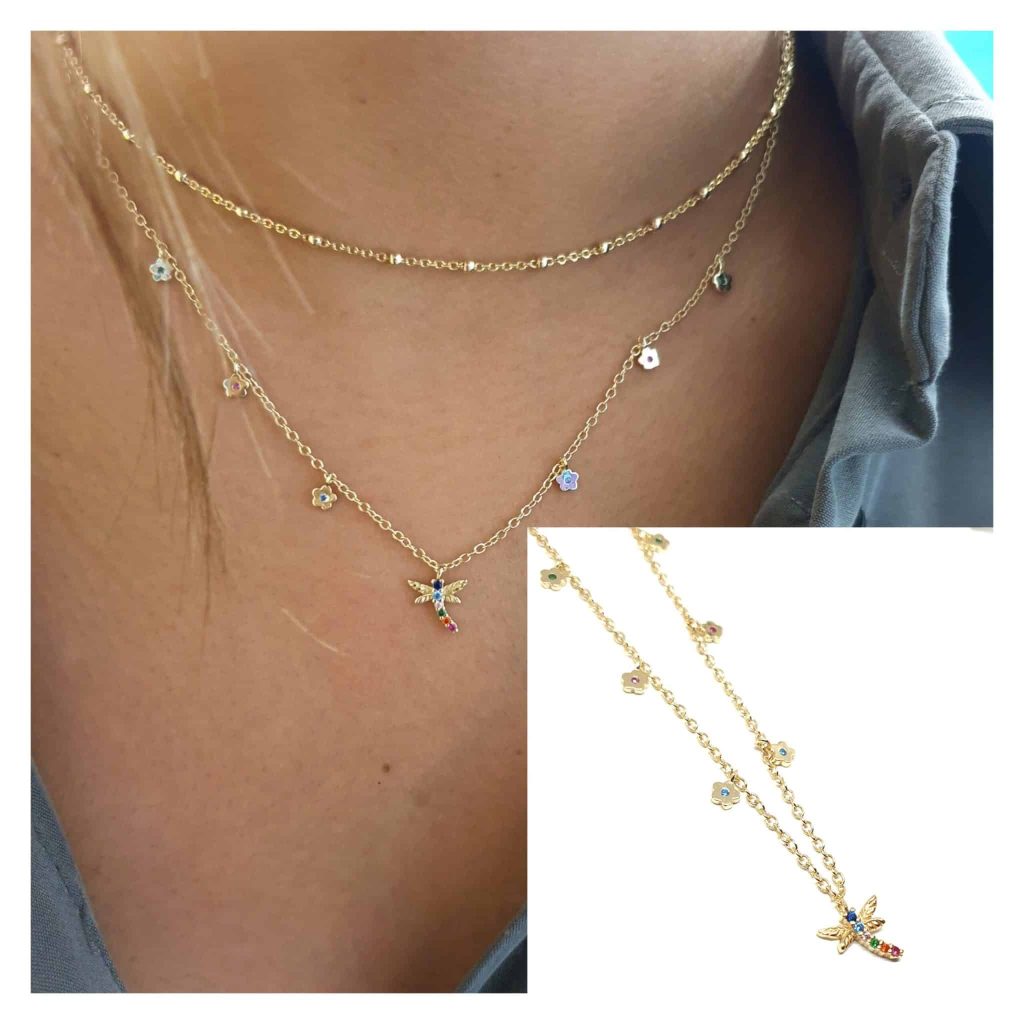 Collar libélula y florecitas oro de 14 quilates