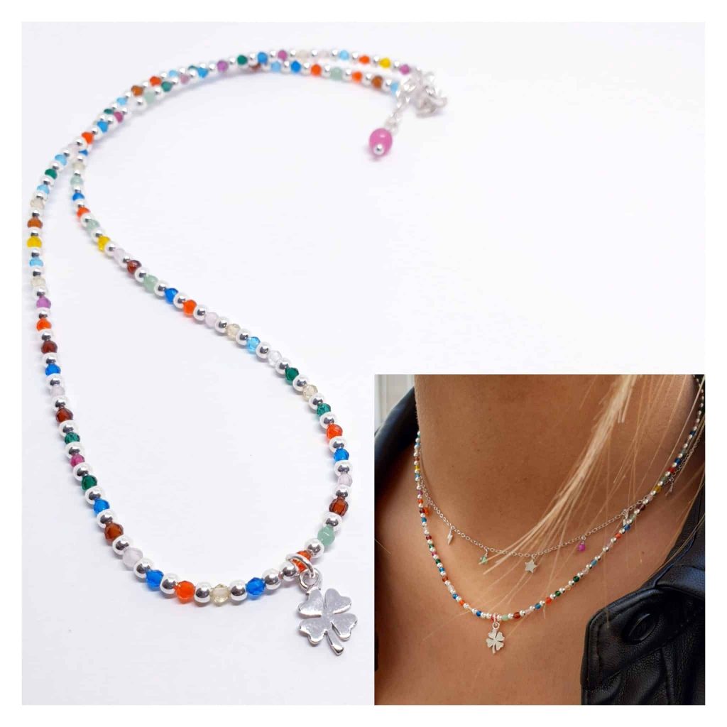 Collar trébol piedras de plata de ley