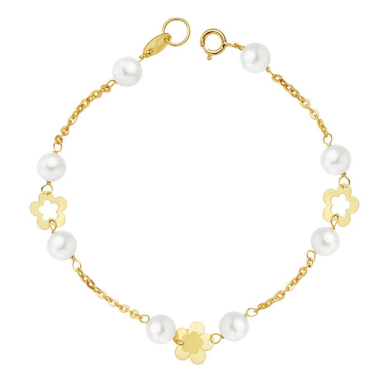 Pulsera Perla y Flores 17 cm de oro amarillo 18K