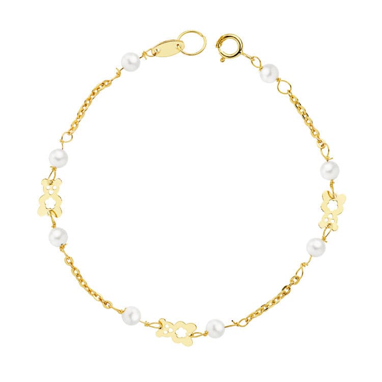 Pulsera Perlas y Oso S. 16,5 cm de oro amarillo 18K