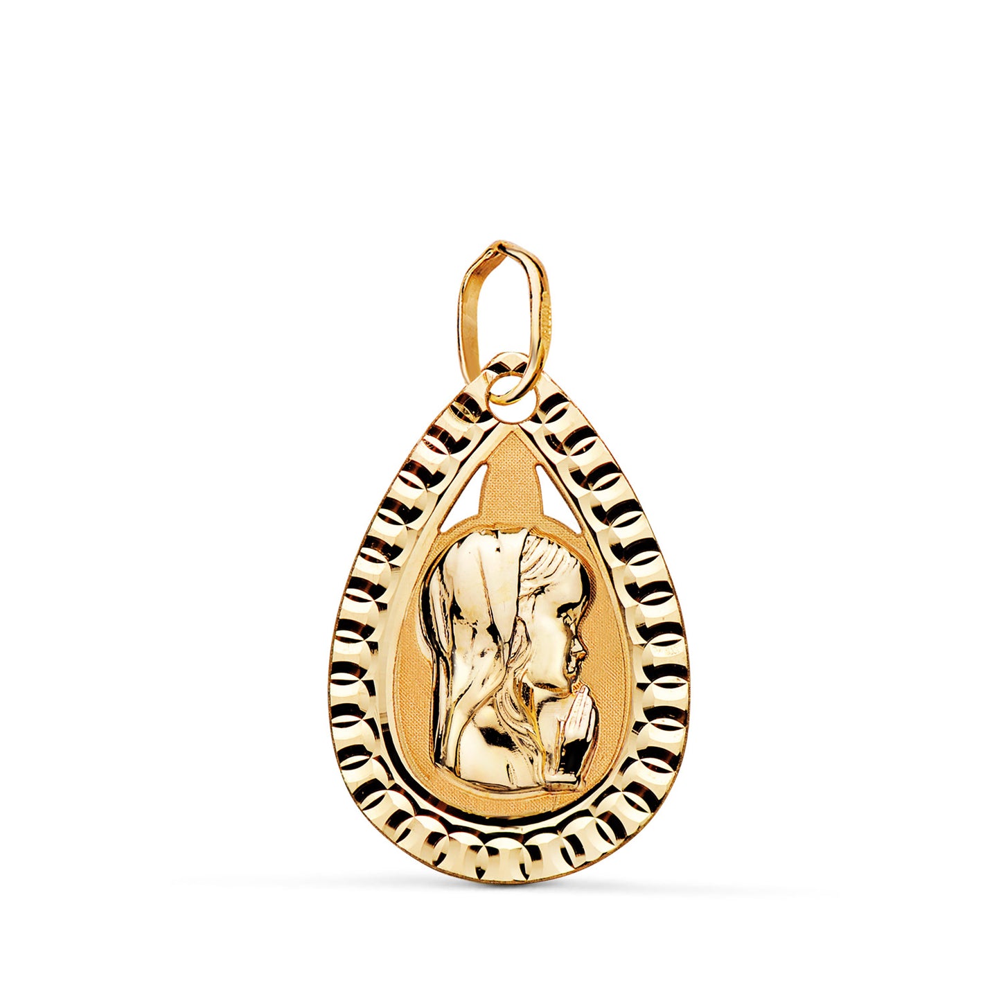18K MEDALLA ORO AMARILLO VIRGEN NIÑA LAGRIMA TALLADA MATE Y BRILLO. MEDIDA: 20X13 MM